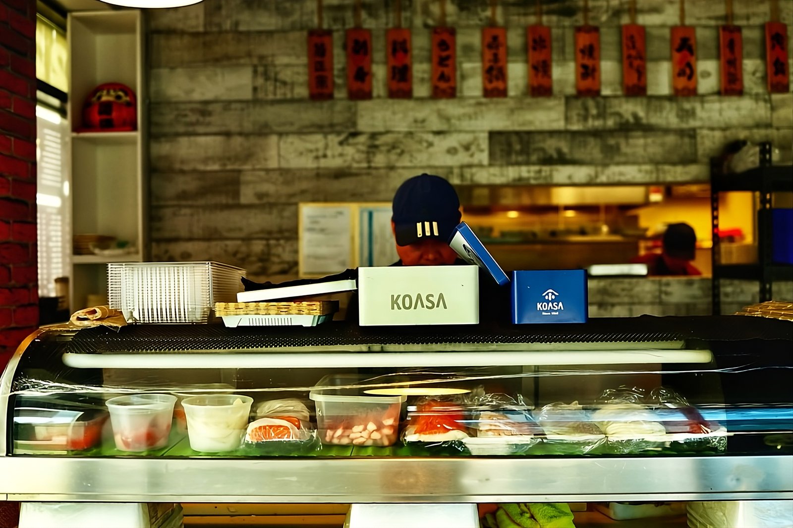 Sushi bar with ingredients displayed through glass.